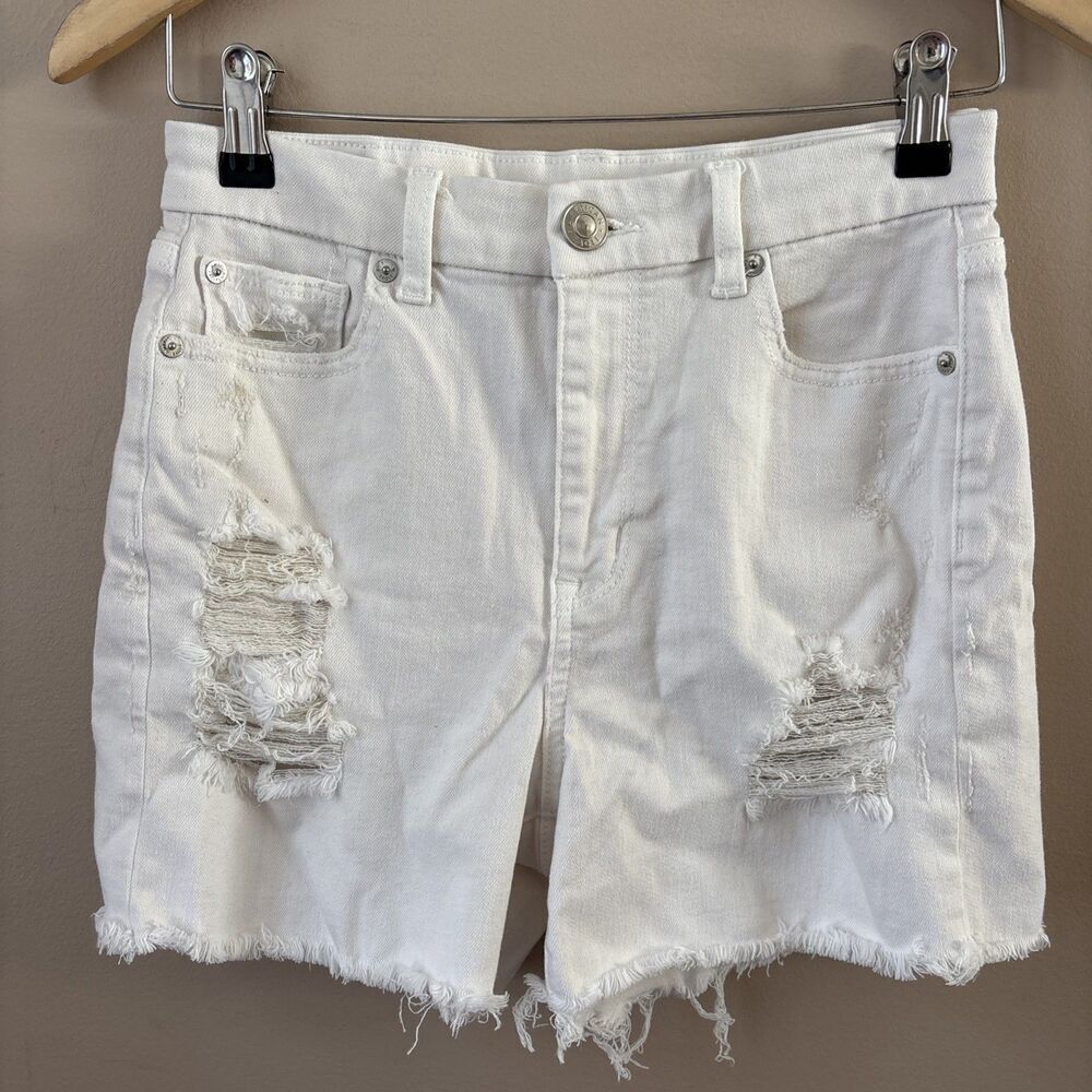 American Eagle Women’s White Denim Distressed Curvy High Rise Shortie Shorts 4